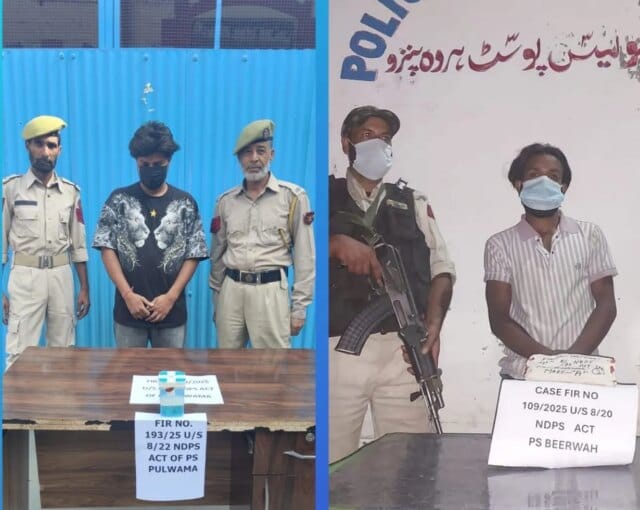 Police arrest 2 drug peddlers in Budgam, Pulwama areas; recover Police arrest 2 drug peddlers in Budgam, Pulwama areas; recover contraband substance